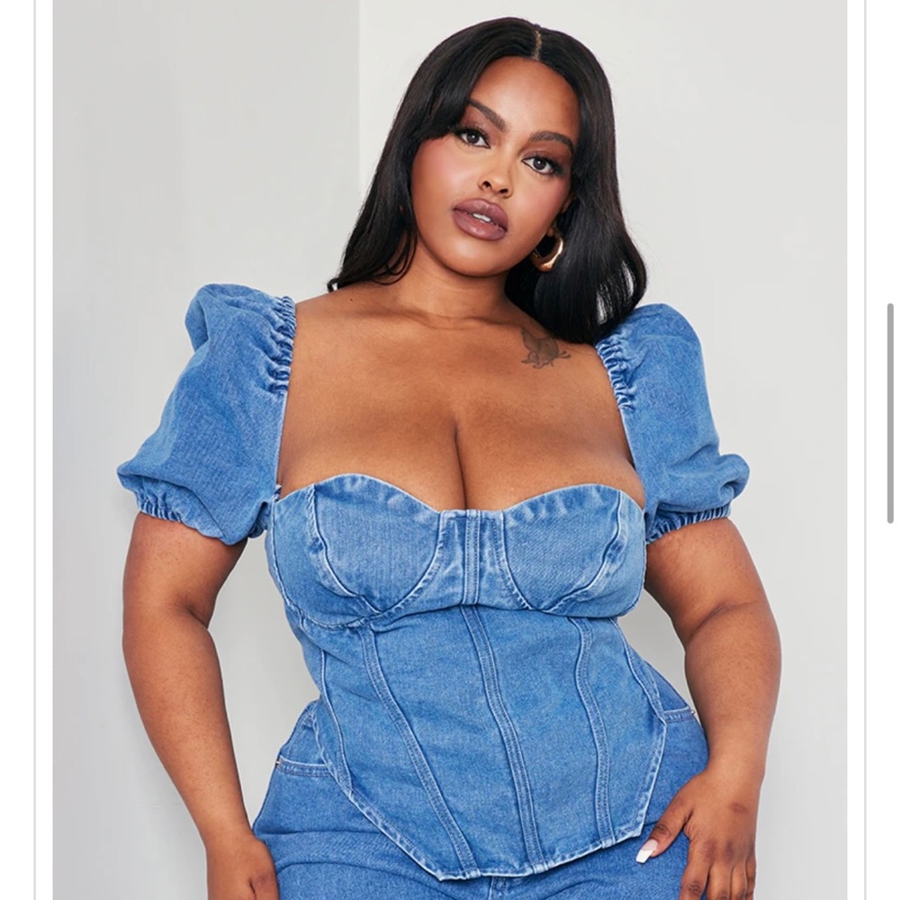 Mid Blue Wash Puff Sleeve Denim Corset Top